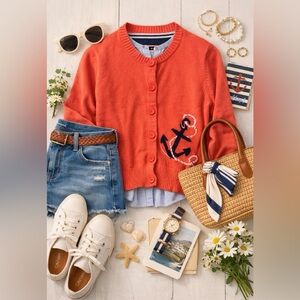 L.L.Bean Coral Cardigan sweater 3/4 sleeve Anchor Design women’s medium